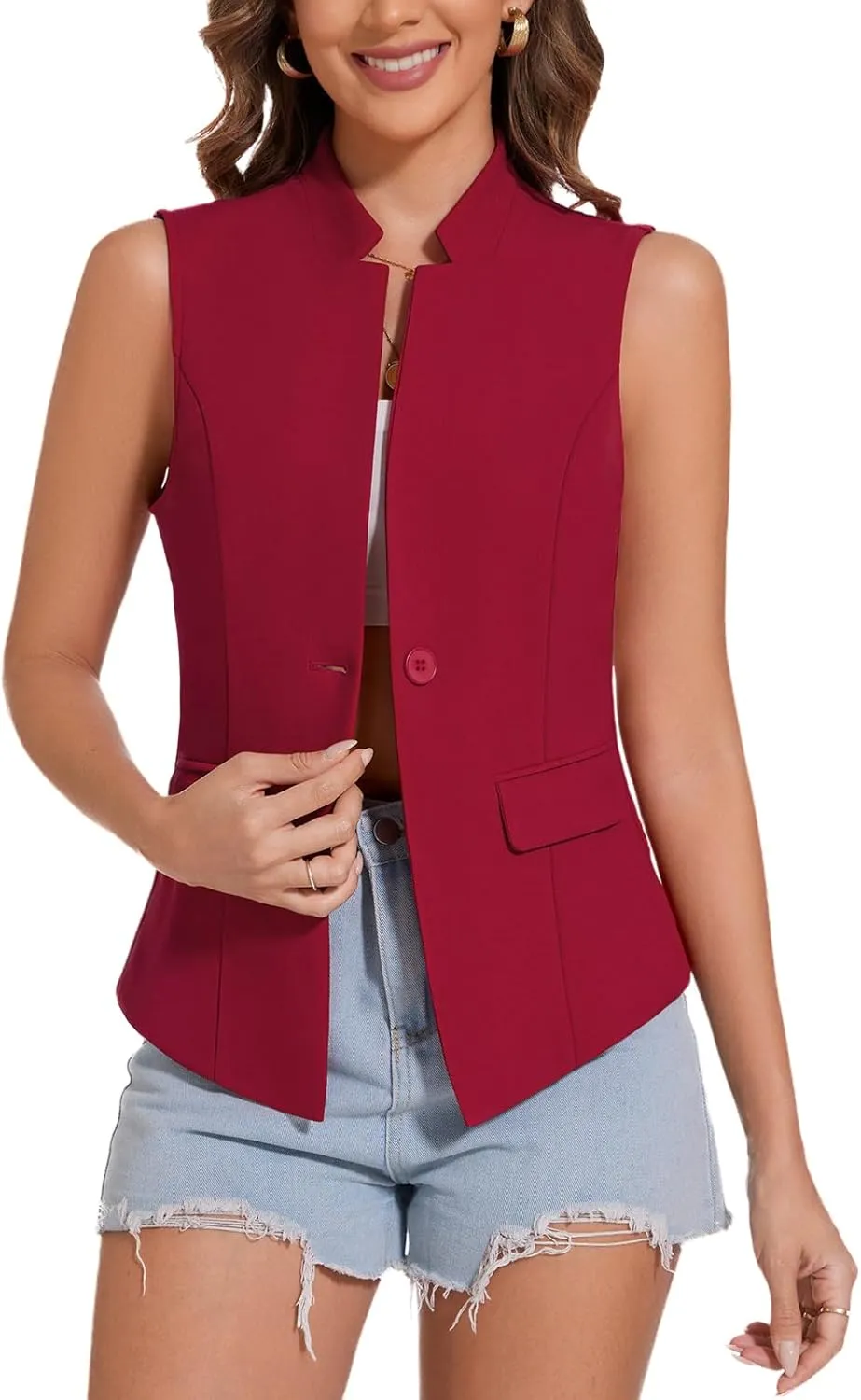 MINTLIMIT Women Button Front Sleeveless Blazer Vest Summer Casual Notch Collar Office Lightweight Vests Blazers with Pockets