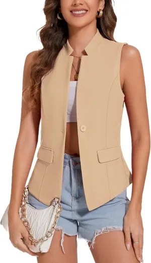 MINTLIMIT Women Button Front Sleeveless Blazer Vest Summer Casual Notch Collar Office Lightweight Vests Blazers with Pockets