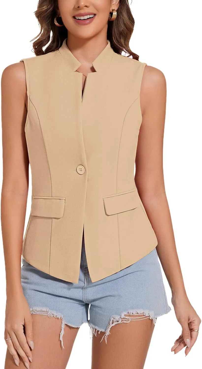 MINTLIMIT Women Button Front Sleeveless Blazer Vest Summer Casual Notch Collar Office Lightweight Vests Blazers with Pockets