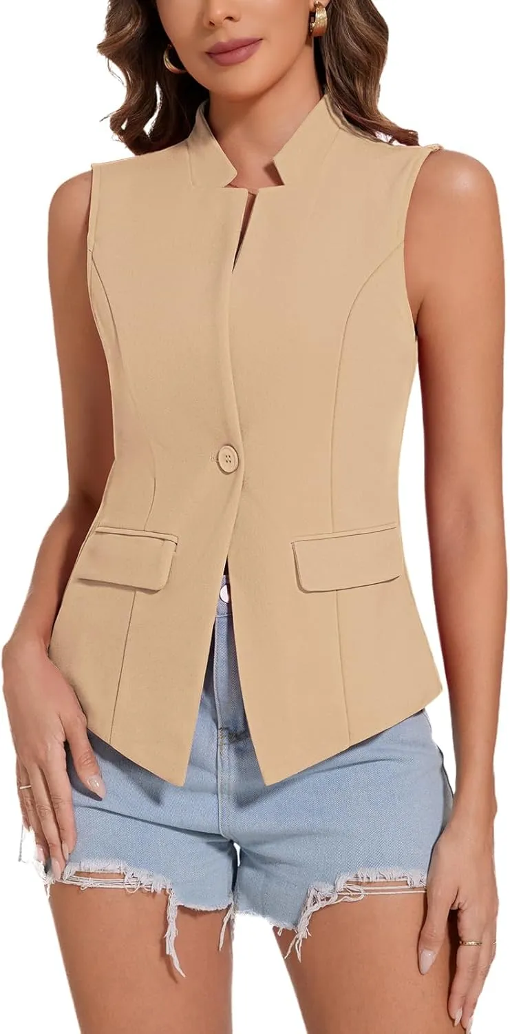 MINTLIMIT Women Button Front Sleeveless Blazer Vest Summer Casual Notch Collar Office Lightweight Vests Blazers with Pockets