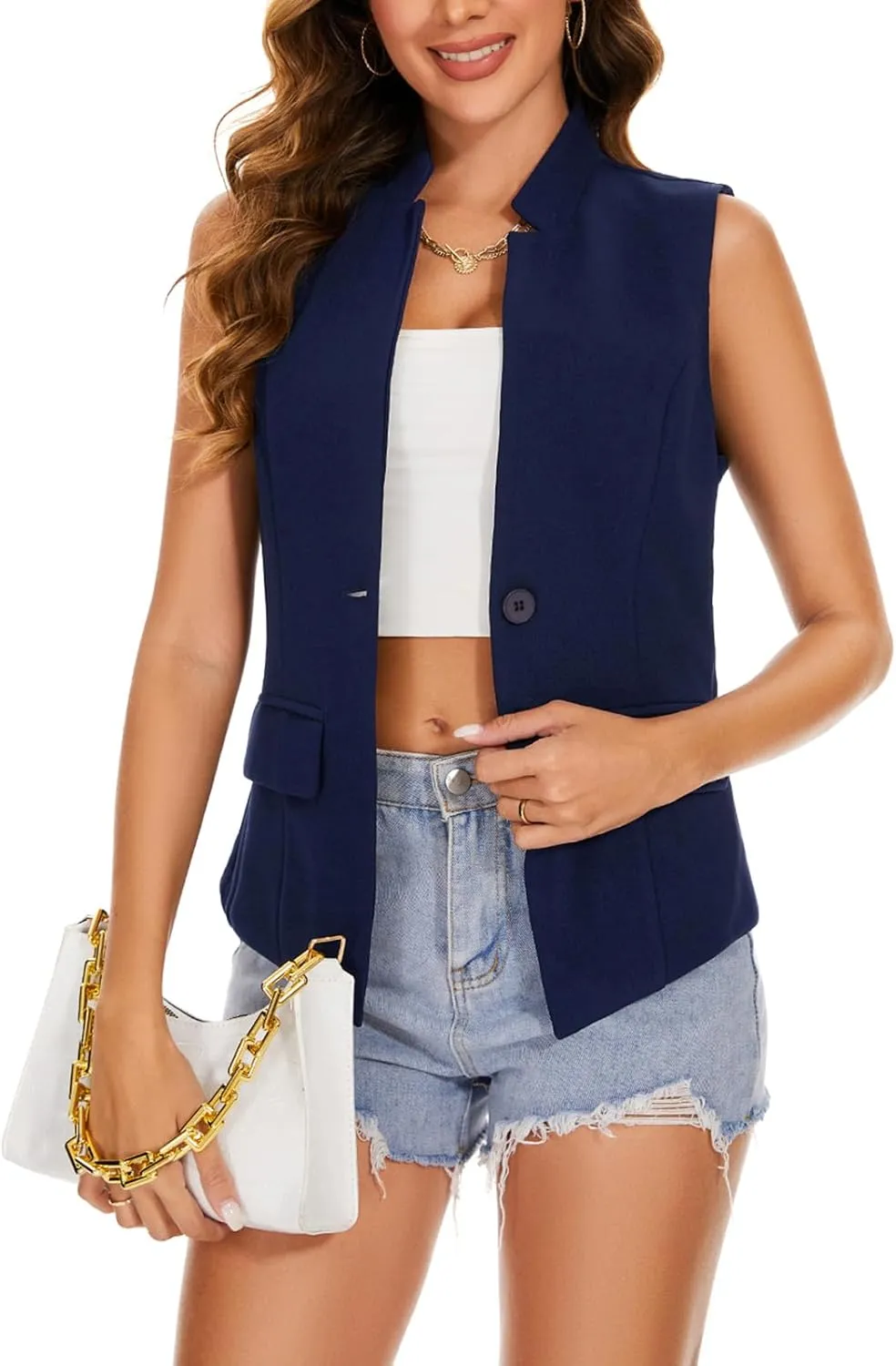MINTLIMIT Women Button Front Sleeveless Blazer Vest Summer Casual Notch Collar Office Lightweight Vests Blazers with Pockets