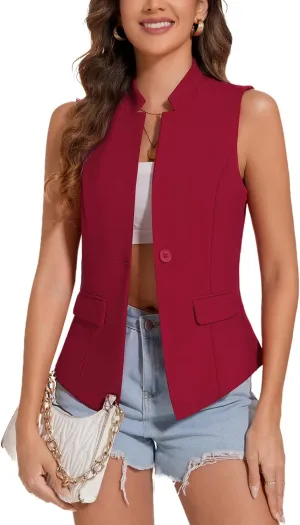 MINTLIMIT Women Button Front Sleeveless Blazer Vest Summer Casual Notch Collar Office Lightweight Vests Blazers with Pockets
