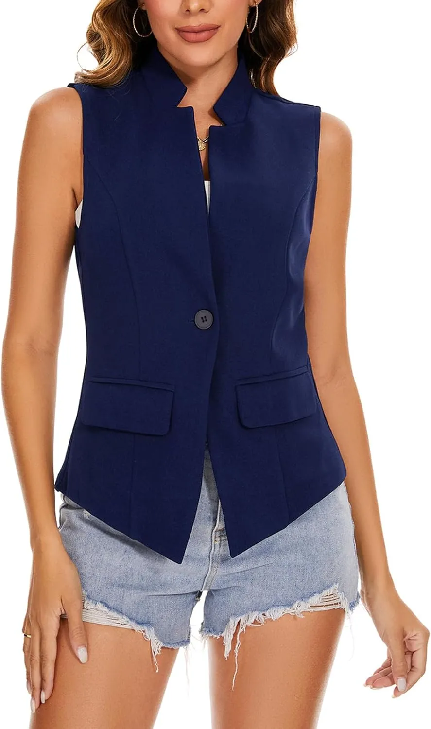 MINTLIMIT Women Button Front Sleeveless Blazer Vest Summer Casual Notch Collar Office Lightweight Vests Blazers with Pockets