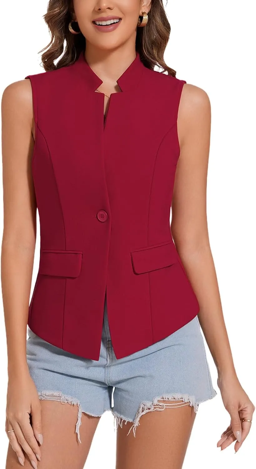 MINTLIMIT Women Button Front Sleeveless Blazer Vest Summer Casual Notch Collar Office Lightweight Vests Blazers with Pockets