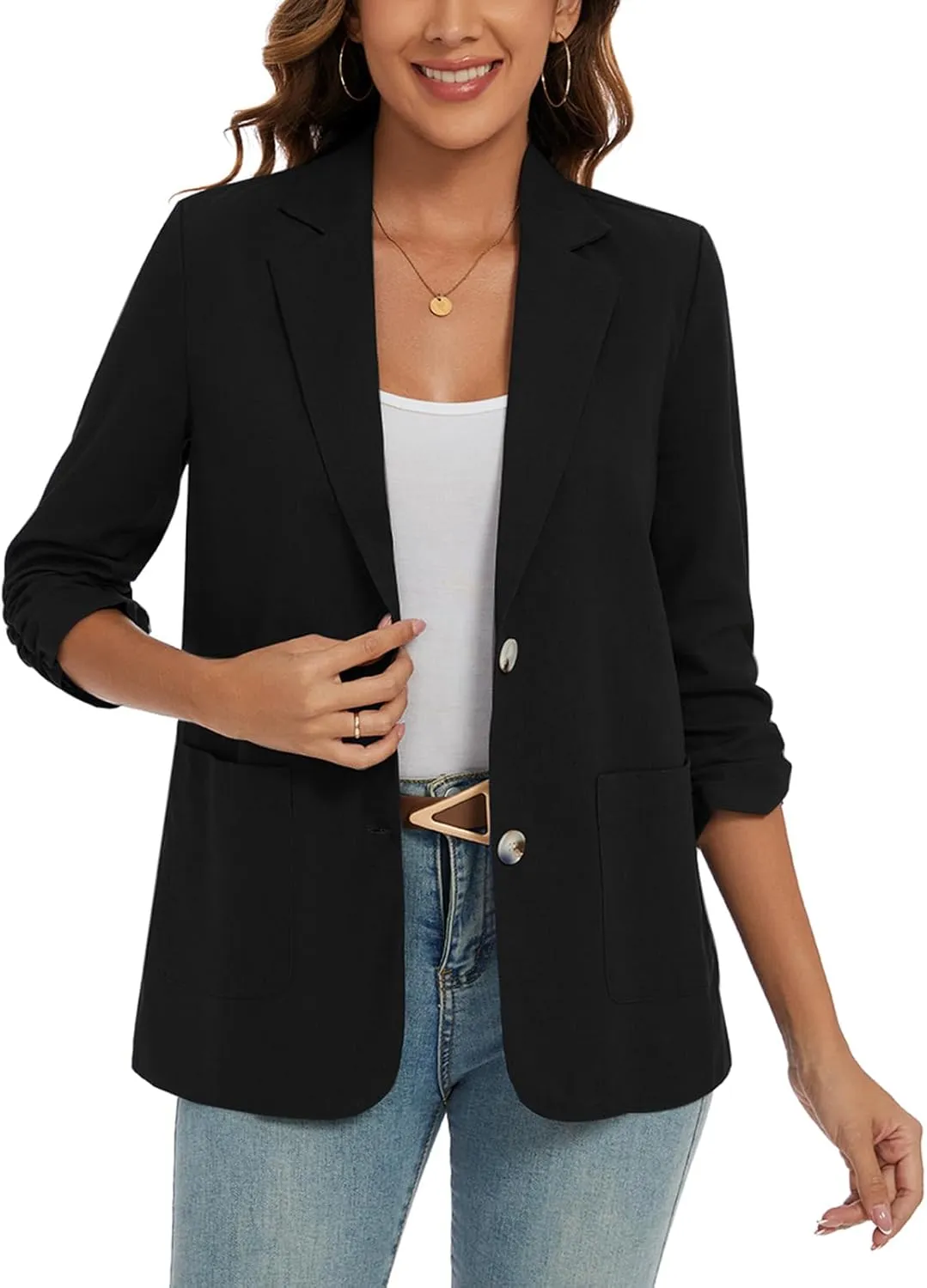 MINTLIMIT Women's Cotton Linen Blazer Jackets Ruched 3/4 Sleeve Summer Casual Lightweight Button Lapel Blazers with Pockets