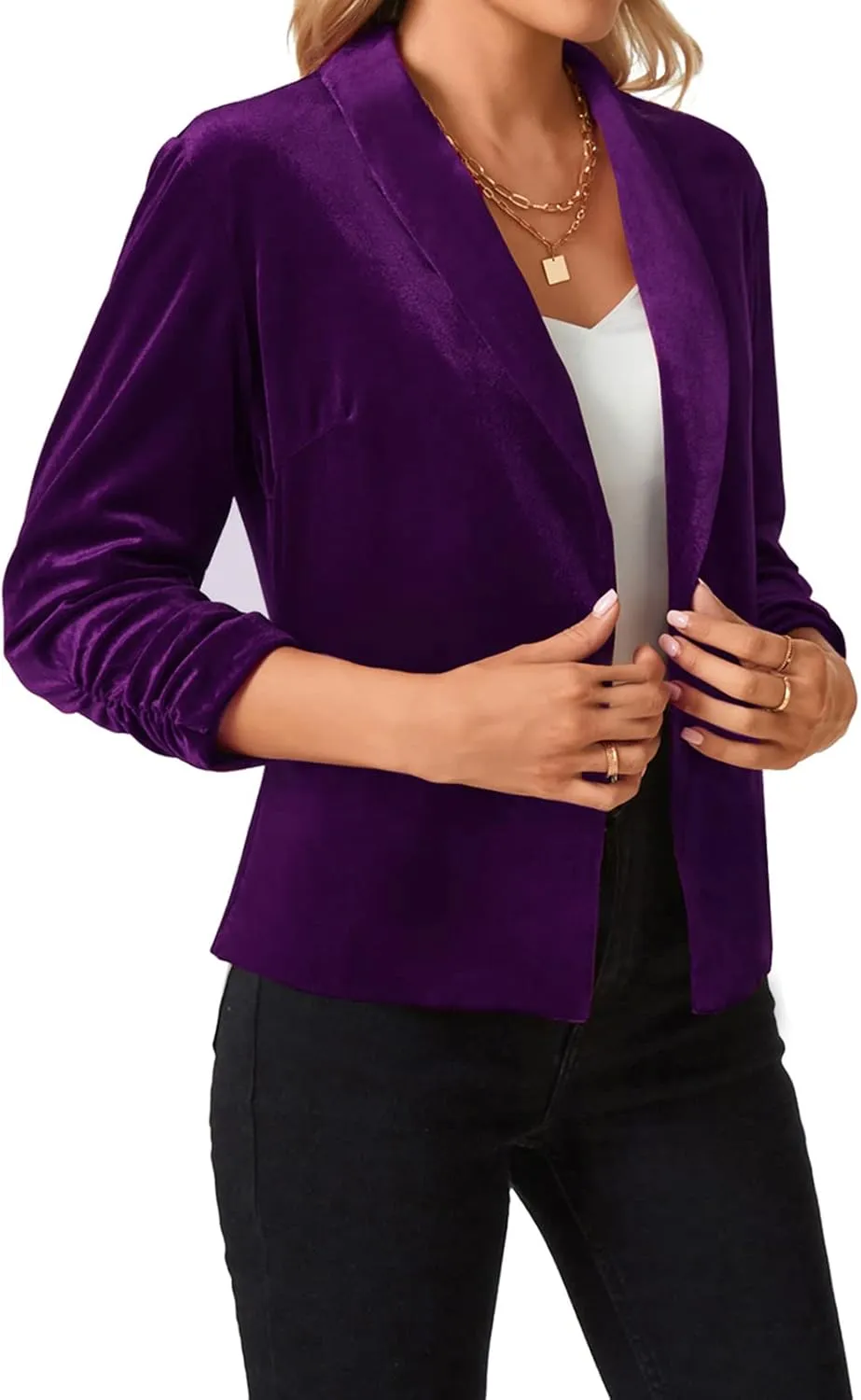 MINTLIMIT Women's Velvet Blazer 3/4 Ruched Sleeve Open Front Blazers Casual Lightweight Shawl Lapel Jackets