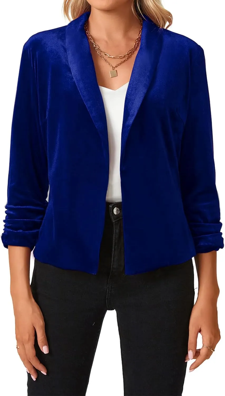 MINTLIMIT Women's Velvet Blazer 3/4 Ruched Sleeve Open Front Blazers Casual Lightweight Shawl Lapel Jackets