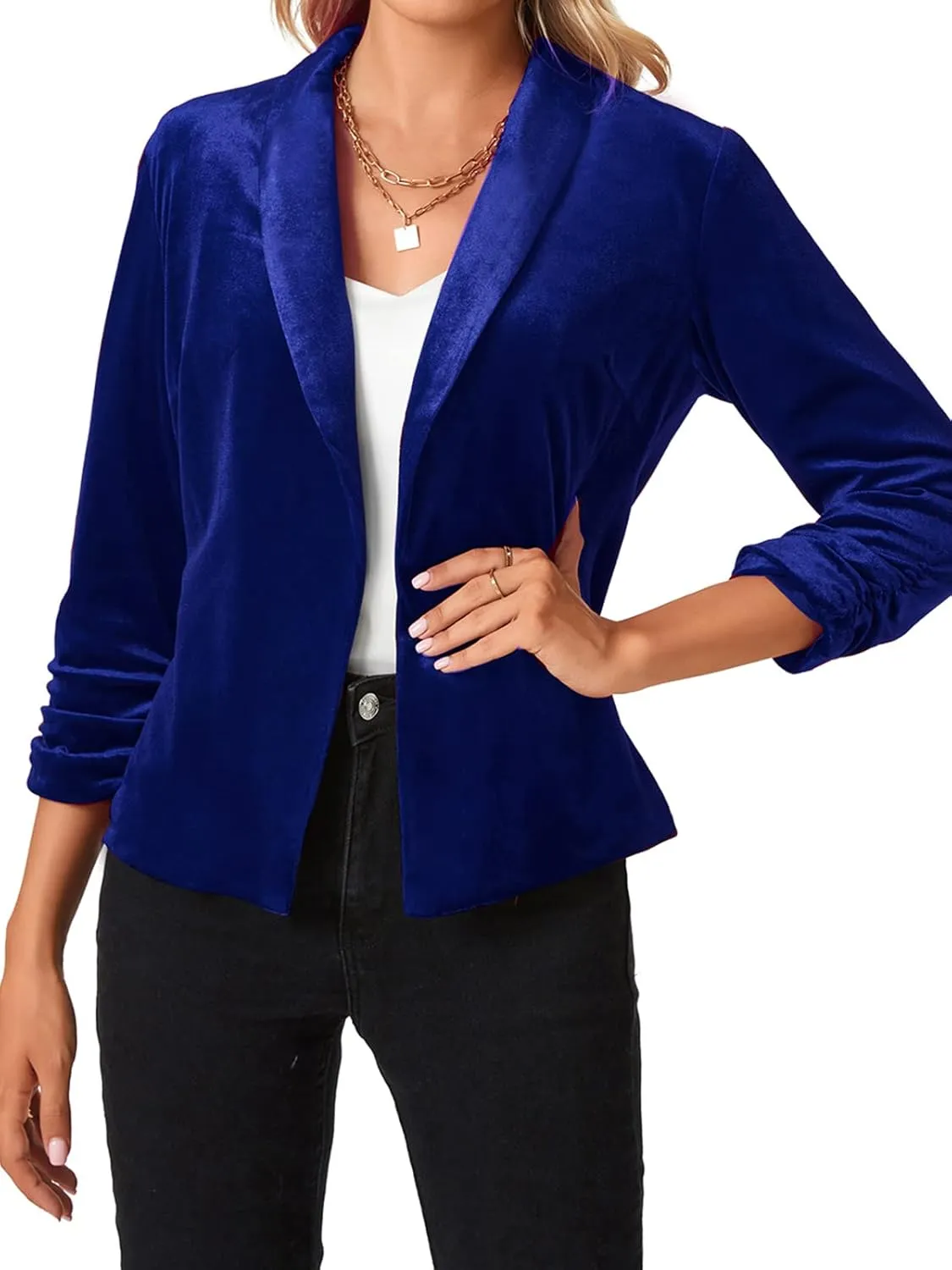 MINTLIMIT Women's Velvet Blazer 3/4 Ruched Sleeve Open Front Blazers Casual Lightweight Shawl Lapel Jackets