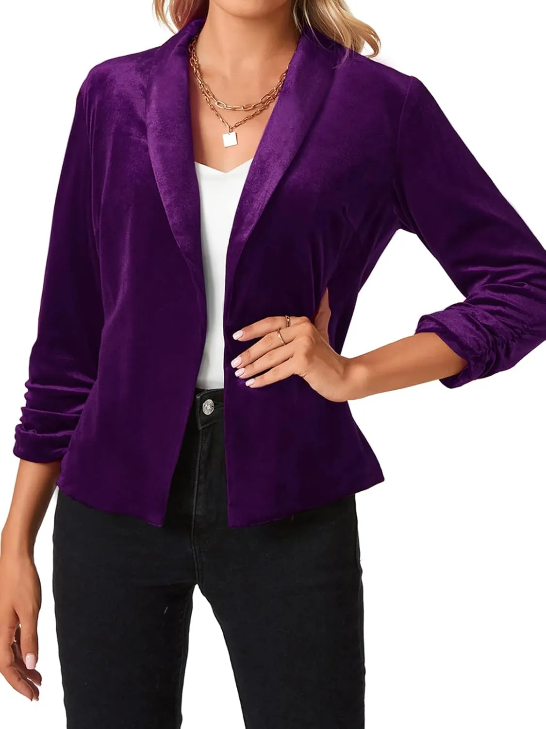 MINTLIMIT Women's Velvet Blazer 3/4 Ruched Sleeve Open Front Blazers Casual Lightweight Shawl Lapel Jackets