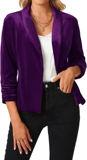 MINTLIMIT Women's Velvet Blazer 3/4 Ruched Sleeve Open Front Blazers Casual Lightweight Shawl Lapel Jackets
