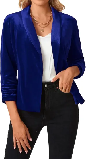 MINTLIMIT Women's Velvet Blazer 3/4 Ruched Sleeve Open Front Blazers Casual Lightweight Shawl Lapel Jackets