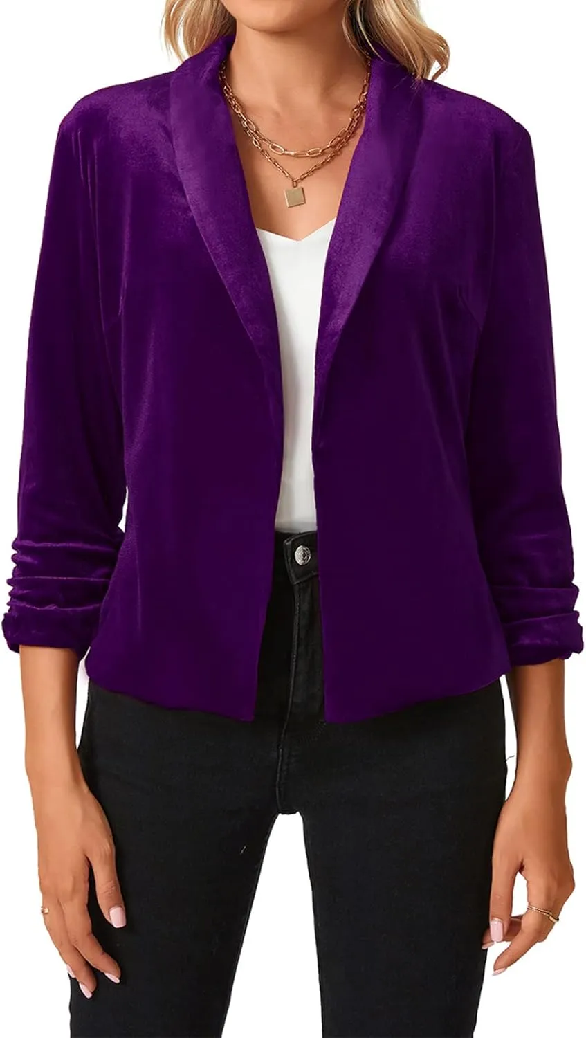 MINTLIMIT Women's Velvet Blazer 3/4 Ruched Sleeve Open Front Blazers Casual Lightweight Shawl Lapel Jackets