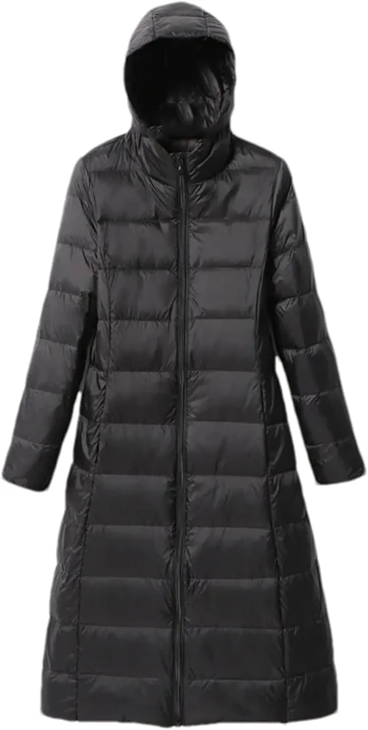Mnjyihy Women Long Down Jacket Lightweight Packable Quilted Slim Fit Hooded Down Coat Casual Puffer Jackets