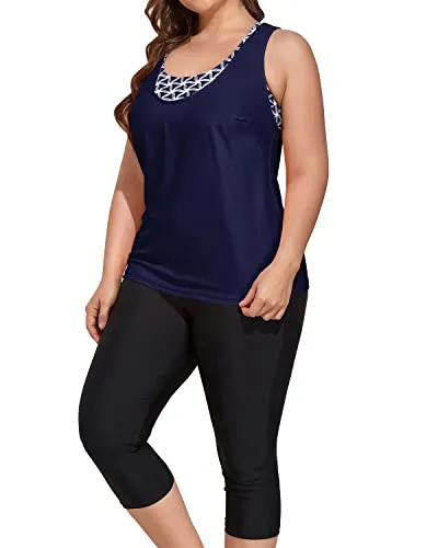 Modest Plus Size Bathing Suits Tankini Tops & Swim Capris-Navy Blue