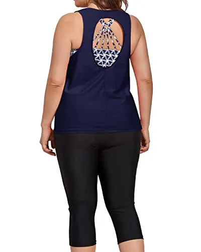 Modest Plus Size Bathing Suits Tankini Tops & Swim Capris-Navy Blue