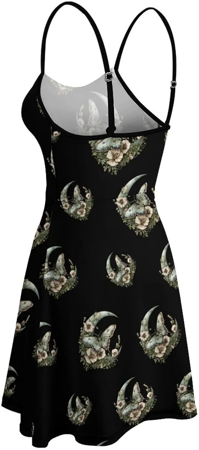Moth Moon Flowers Novelty Women's Sling Dresses Sleeveless Loose Beach Sundress Maxi Dress