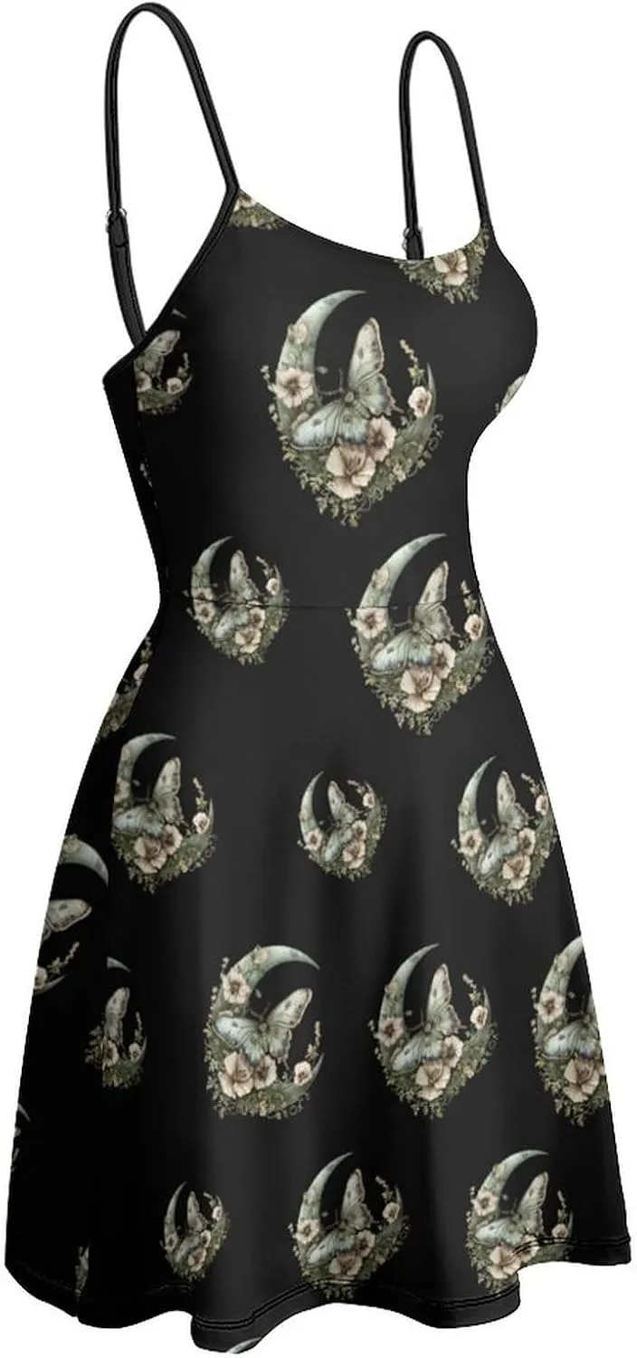 Moth Moon Flowers Novelty Women's Sling Dresses Sleeveless Loose Beach Sundress Maxi Dress