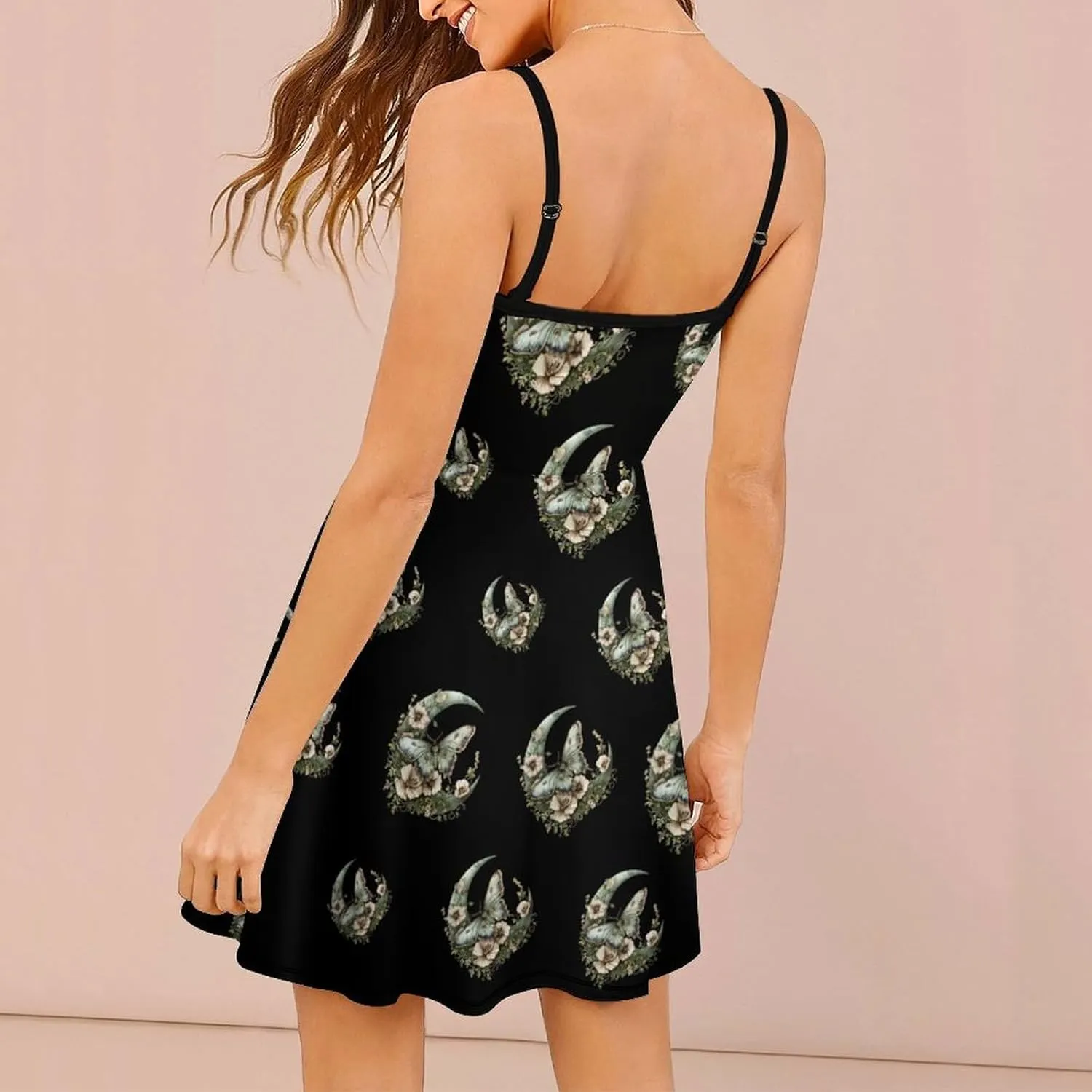 Moth Moon Flowers Novelty Women's Sling Dresses Sleeveless Loose Beach Sundress Maxi Dress