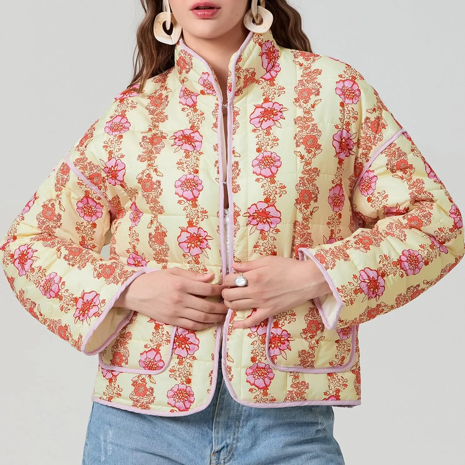 Muineobuka Women Y2k Quilted Jacket Long Sleeve Open Front Floral Lightweight Jacket Padded Quilted Cropped Cardigan Jackets