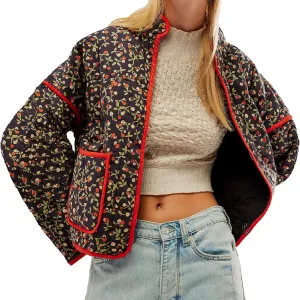 Muineobuka Women Y2k Quilted Jacket Long Sleeve Open Front Floral Lightweight Jacket Padded Quilted Cropped Cardigan Jackets