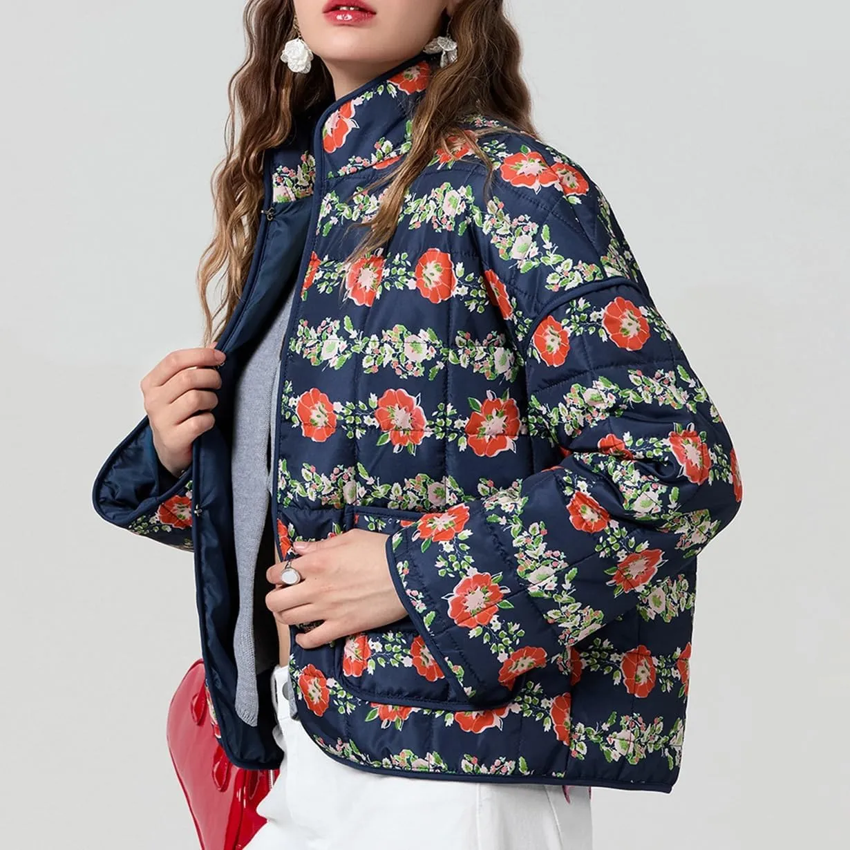 Muineobuka Women Y2k Quilted Jacket Long Sleeve Open Front Floral Lightweight Jacket Padded Quilted Cropped Cardigan Jackets