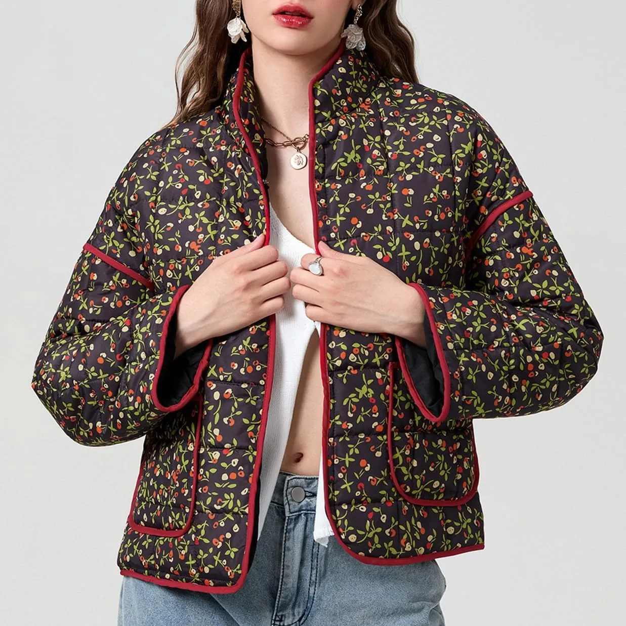 Muineobuka Women Y2k Quilted Jacket Long Sleeve Open Front Floral Lightweight Jacket Padded Quilted Cropped Cardigan Jackets