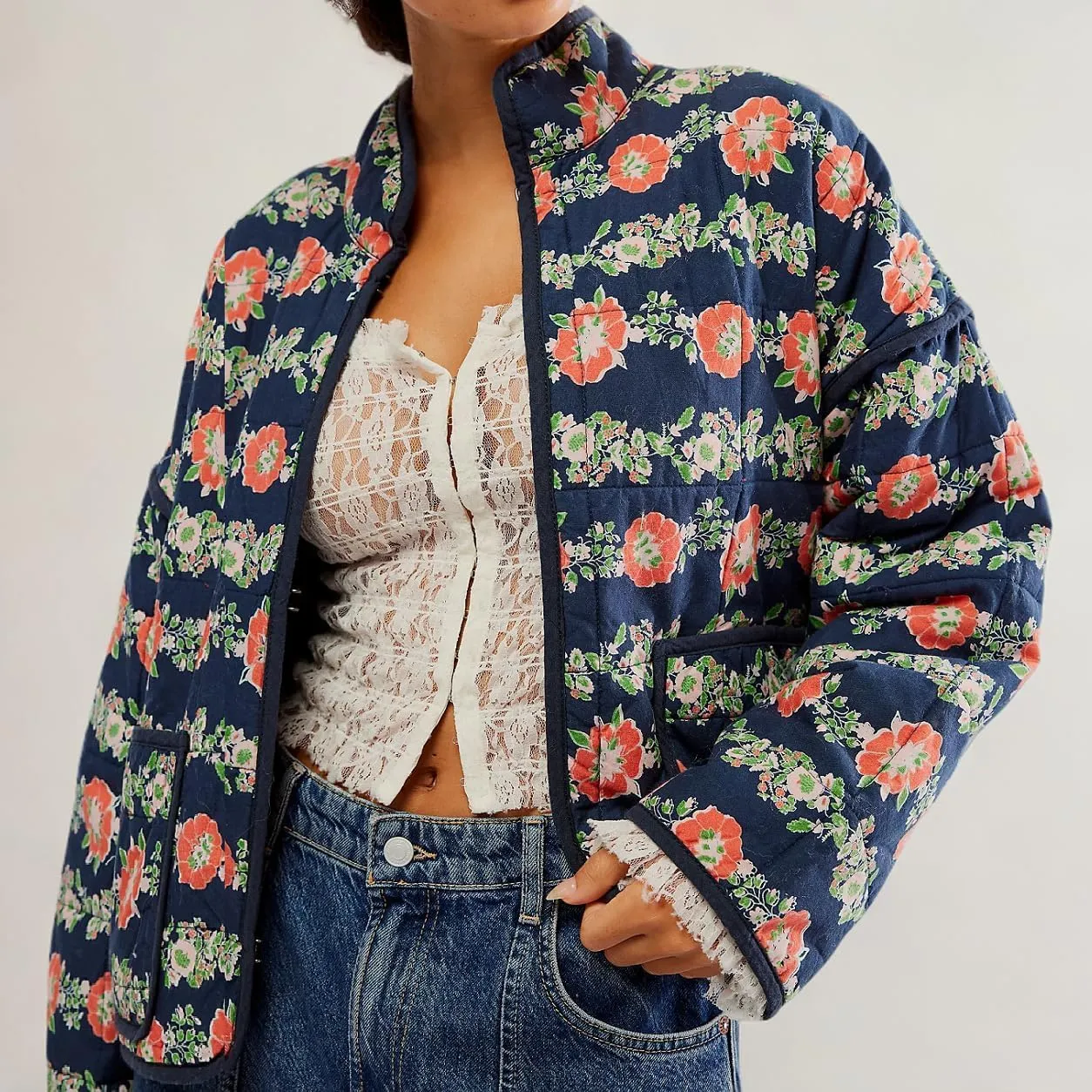 Muineobuka Women Y2k Quilted Jacket Long Sleeve Open Front Floral Lightweight Jacket Padded Quilted Cropped Cardigan Jackets