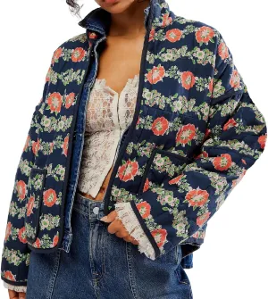 Muineobuka Women Y2k Quilted Jacket Long Sleeve Open Front Floral Lightweight Jacket Padded Quilted Cropped Cardigan Jackets