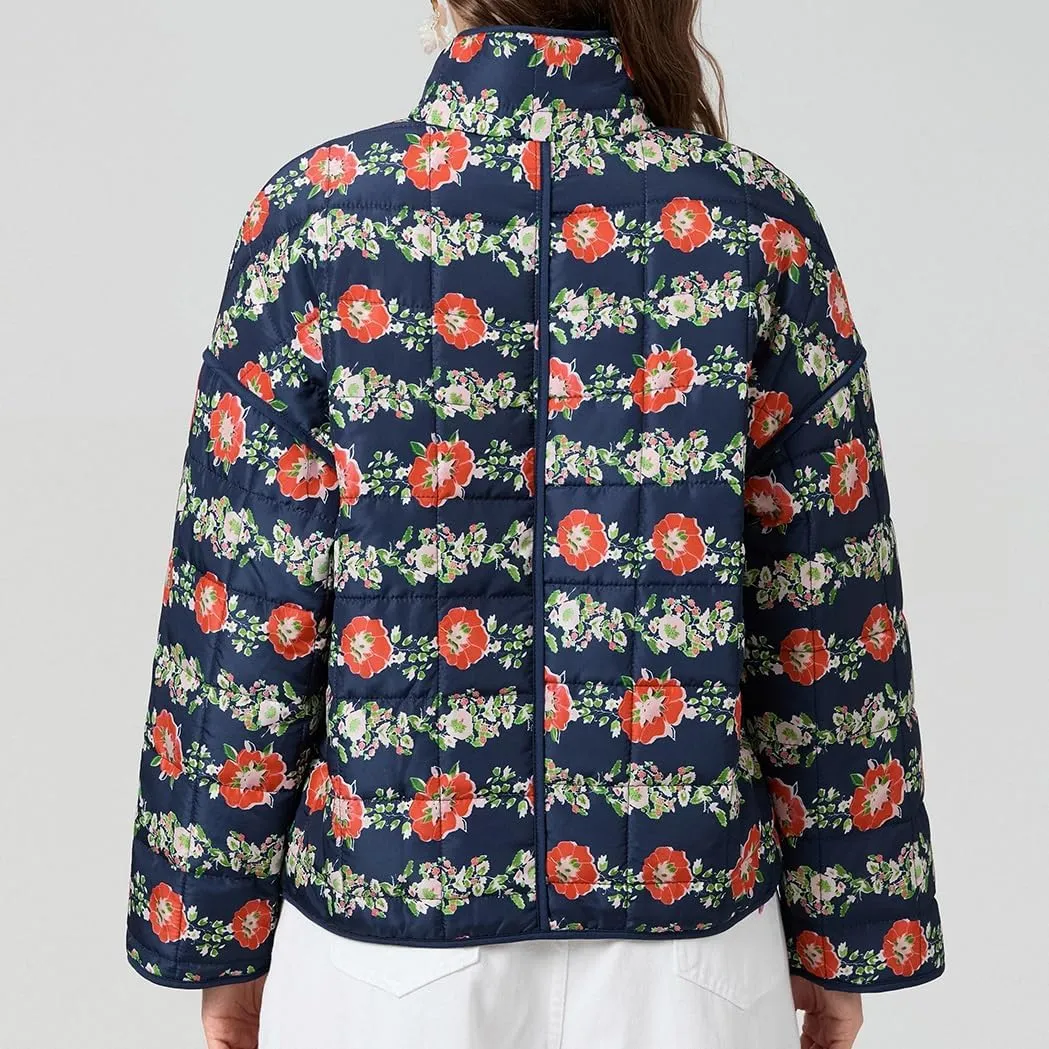 Muineobuka Women Y2k Quilted Jacket Long Sleeve Open Front Floral Lightweight Jacket Padded Quilted Cropped Cardigan Jackets