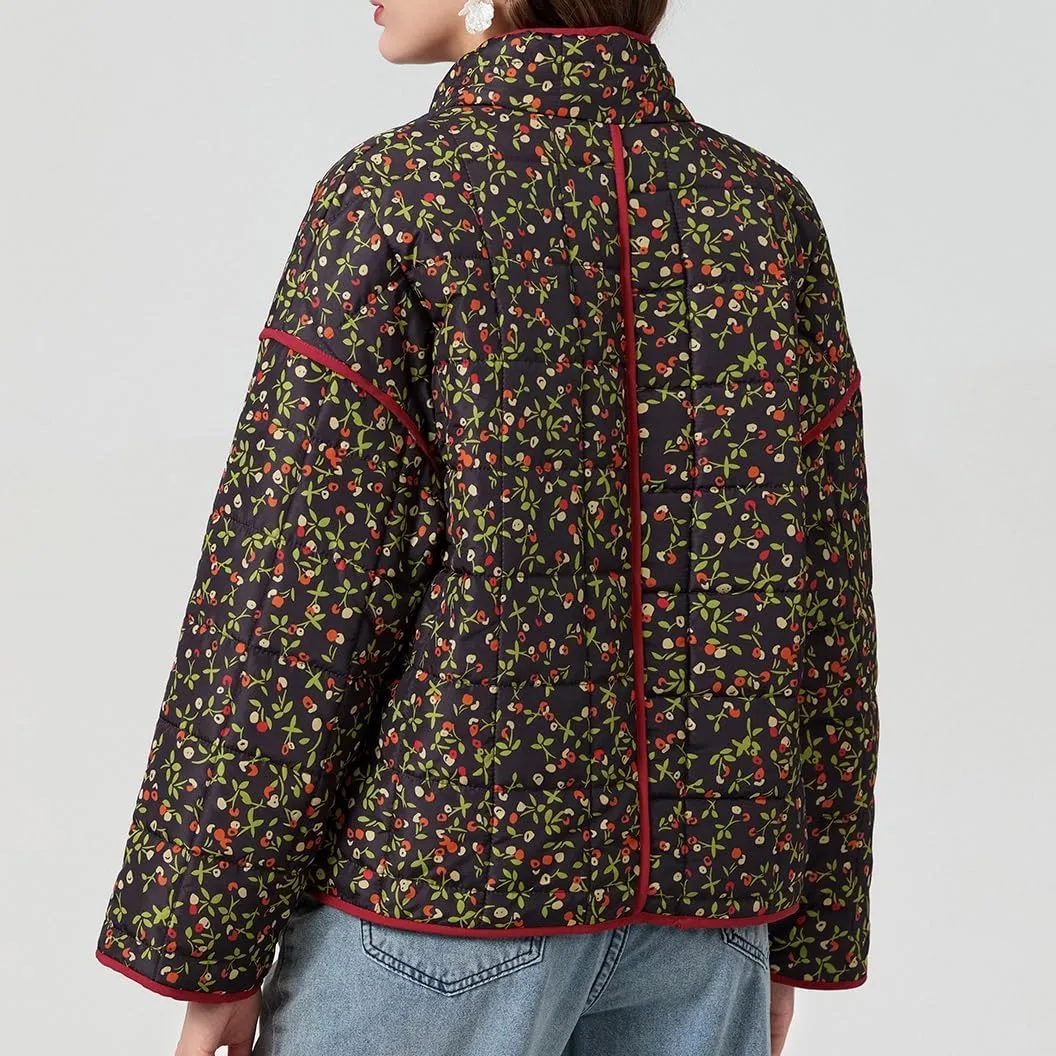Muineobuka Women Y2k Quilted Jacket Long Sleeve Open Front Floral Lightweight Jacket Padded Quilted Cropped Cardigan Jackets