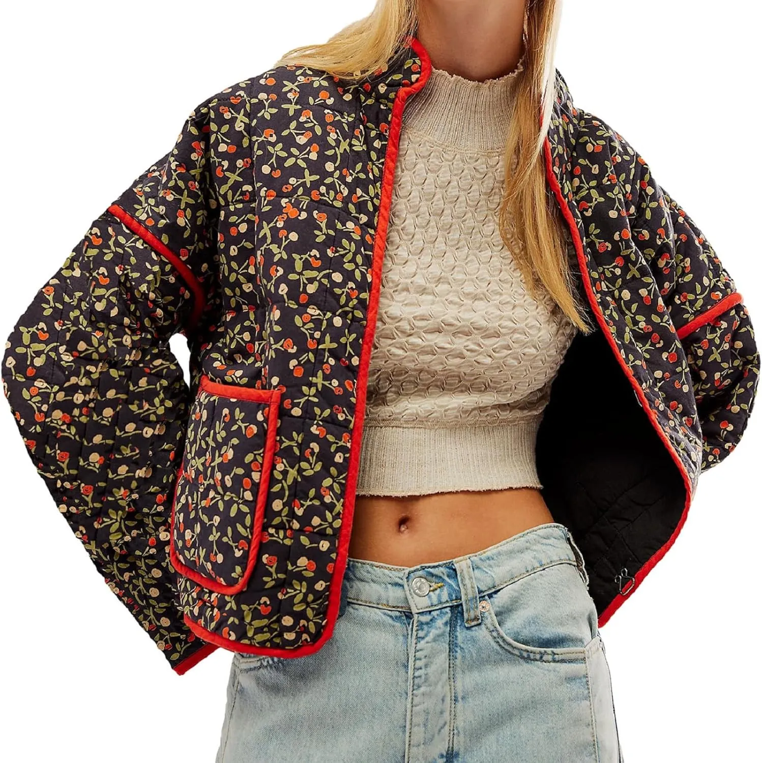 Muineobuka Women Y2k Quilted Jacket Long Sleeve Open Front Floral Lightweight Jacket Padded Quilted Cropped Cardigan Jackets