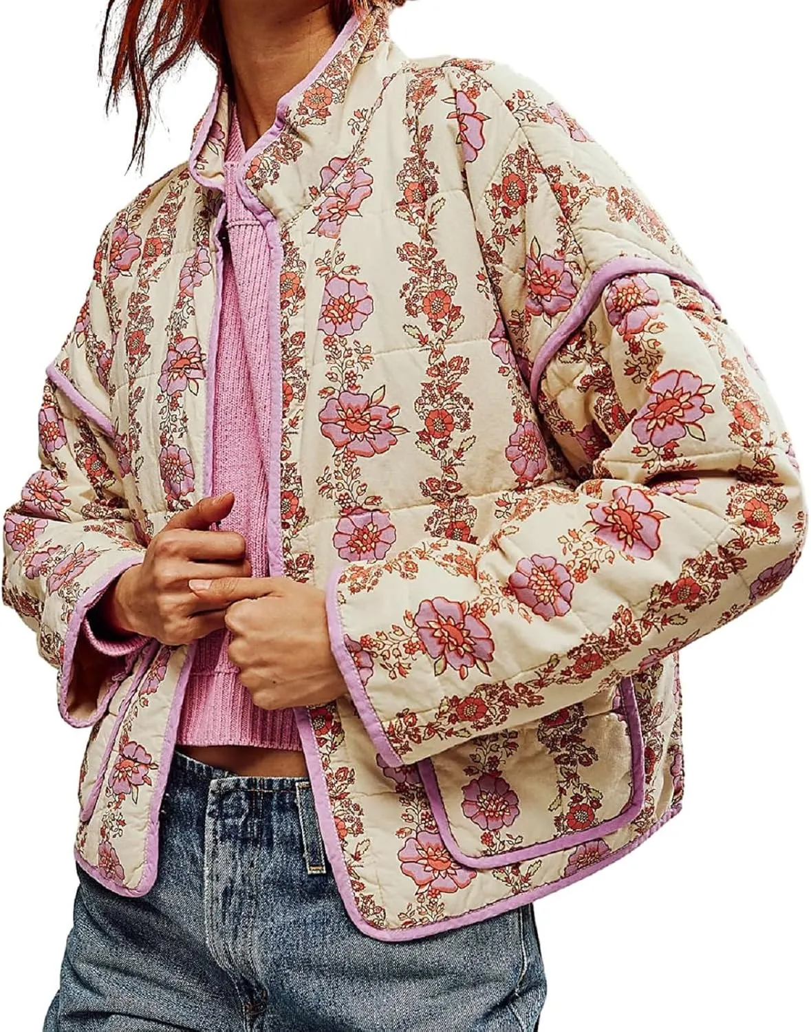 Muineobuka Women Y2k Quilted Jacket Long Sleeve Open Front Floral Lightweight Jacket Padded Quilted Cropped Cardigan Jackets
