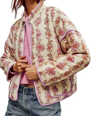 Muineobuka Women Y2k Quilted Jacket Long Sleeve Open Front Floral Lightweight Jacket Padded Quilted Cropped Cardigan Jackets