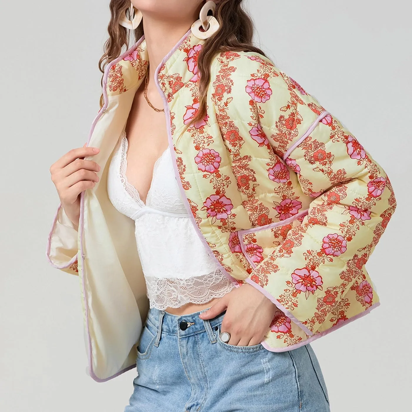 Muineobuka Women Y2k Quilted Jacket Long Sleeve Open Front Floral Lightweight Jacket Padded Quilted Cropped Cardigan Jackets
