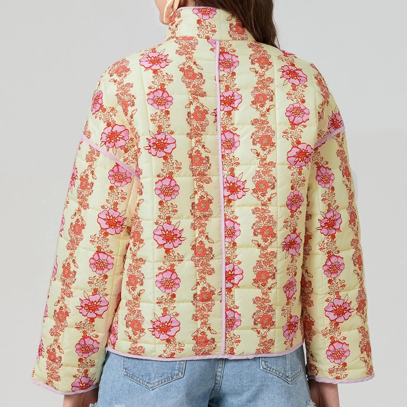 Muineobuka Women Y2k Quilted Jacket Long Sleeve Open Front Floral Lightweight Jacket Padded Quilted Cropped Cardigan Jackets