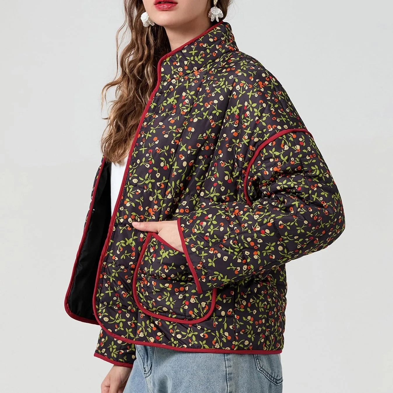 Muineobuka Women Y2k Quilted Jacket Long Sleeve Open Front Floral Lightweight Jacket Padded Quilted Cropped Cardigan Jackets