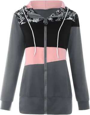 Muyise Women's Full Zip Up Hoodies Long Sleeve Color Block Hooded Sweatshirts Jackets Casual Lightweight Coat with Pockets