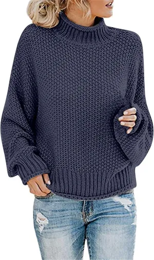 Muyise Womens Winter Fall Solid Color Turtleneck High Neck Balloon Long Sleeve Chunky Sweaters Oversized Pullover Outerwear