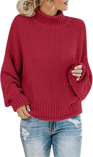 Muyise Womens Winter Fall Solid Color Turtleneck High Neck Balloon Long Sleeve Chunky Sweaters Oversized Pullover Outerwear