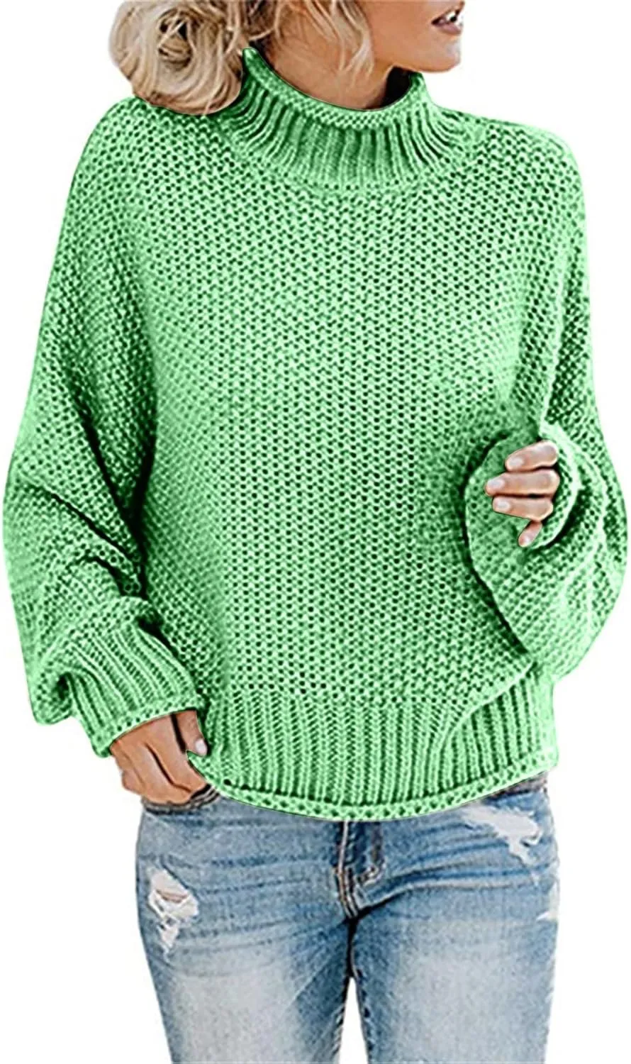 Muyise Womens Winter Fall Solid Color Turtleneck High Neck Balloon Long Sleeve Chunky Sweaters Oversized Pullover Outerwear