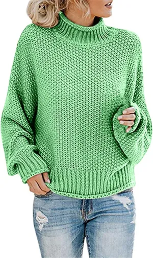 Muyise Womens Winter Fall Solid Color Turtleneck High Neck Balloon Long Sleeve Chunky Sweaters Oversized Pullover Outerwear