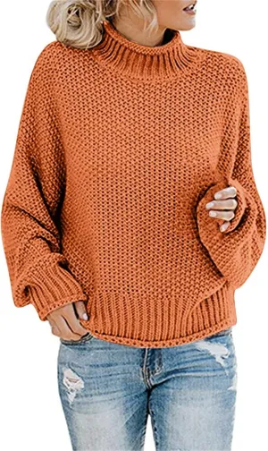 Muyise Womens Winter Fall Solid Color Turtleneck High Neck Balloon Long Sleeve Chunky Sweaters Oversized Pullover Outerwear