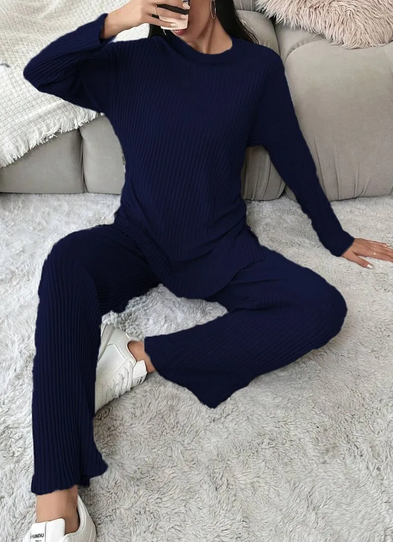 Navy Blue Cotton Ribbed Co-Ord Set