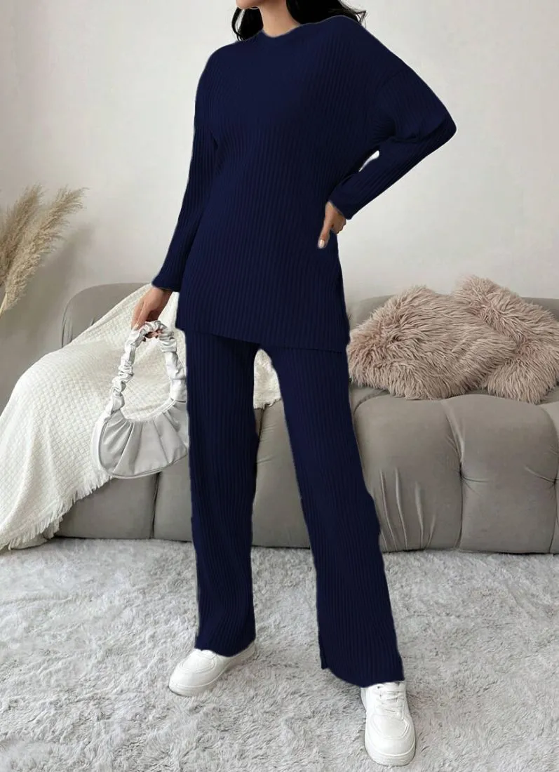 Navy Blue Cotton Ribbed Co-Ord Set