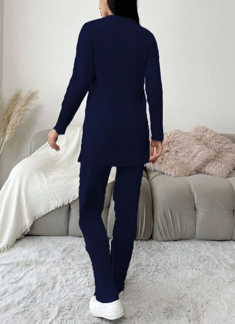 Navy Blue Cotton Ribbed Co-Ord Set