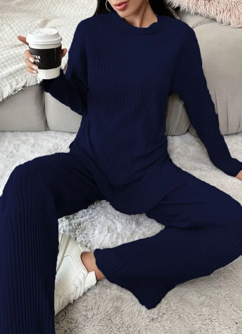 Navy Blue Cotton Ribbed Co-Ord Set