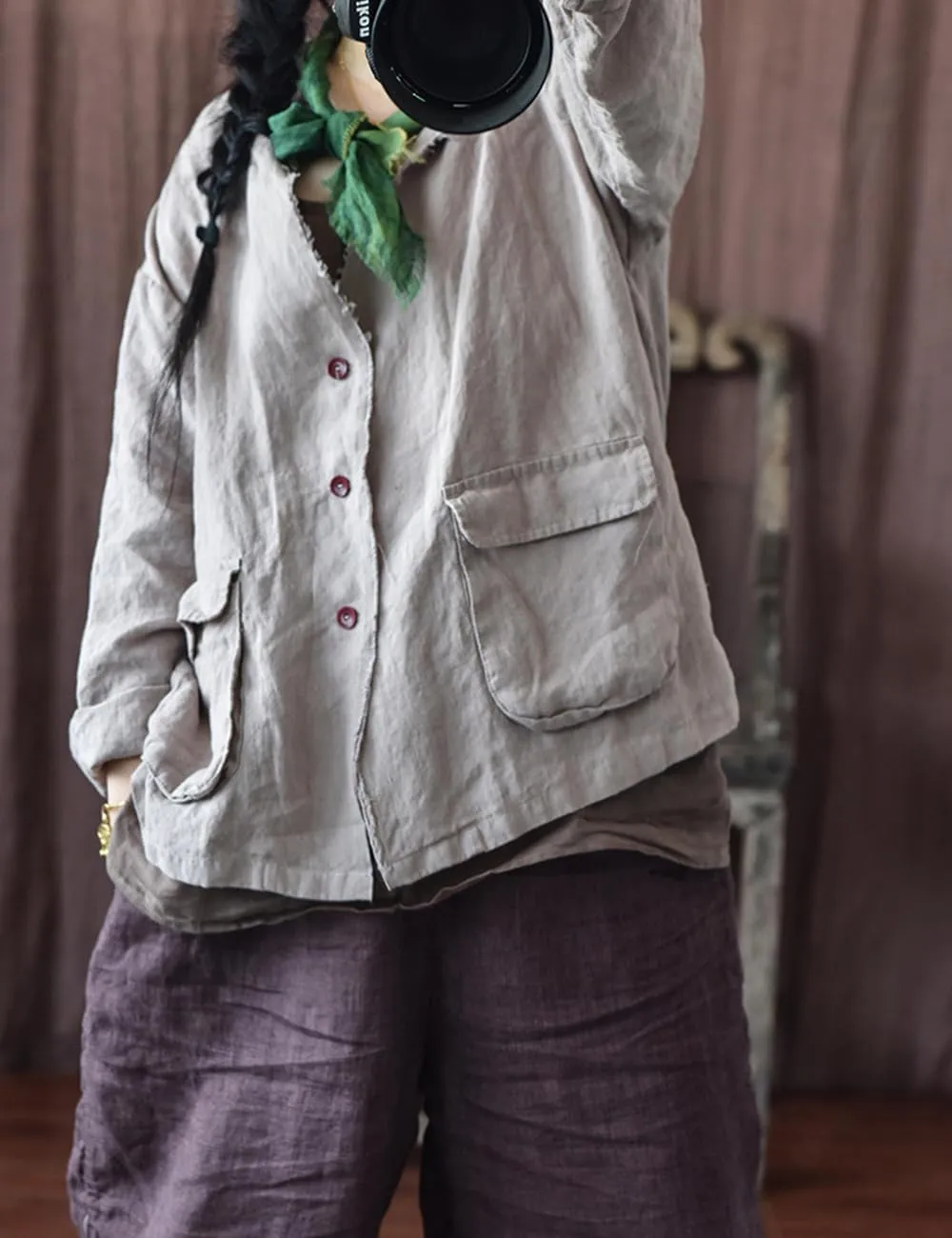 NFYM Womens Fall Linen Jacket Hippie Frayed Raw Hem Outerwear Clothes Lightweight Coats with Pockets