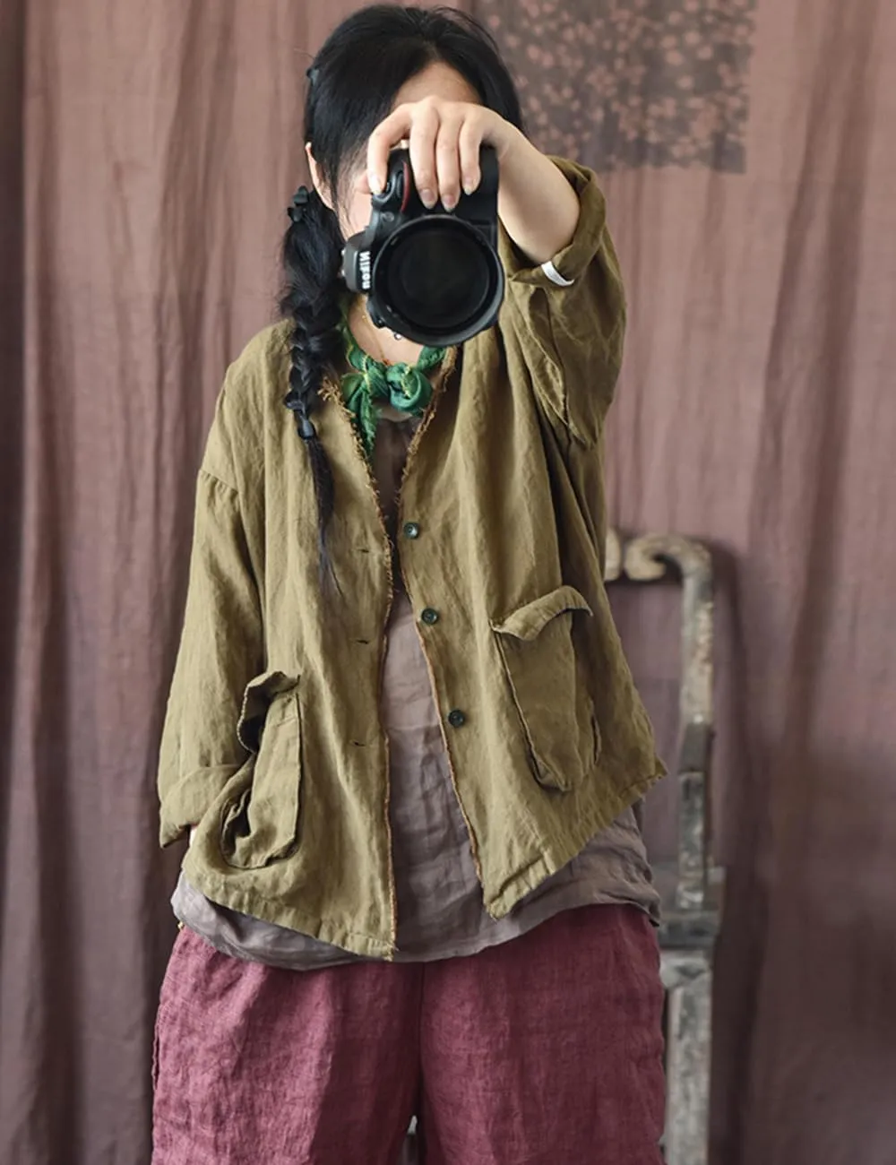 NFYM Womens Fall Linen Jacket Hippie Frayed Raw Hem Outerwear Clothes Lightweight Coats with Pockets