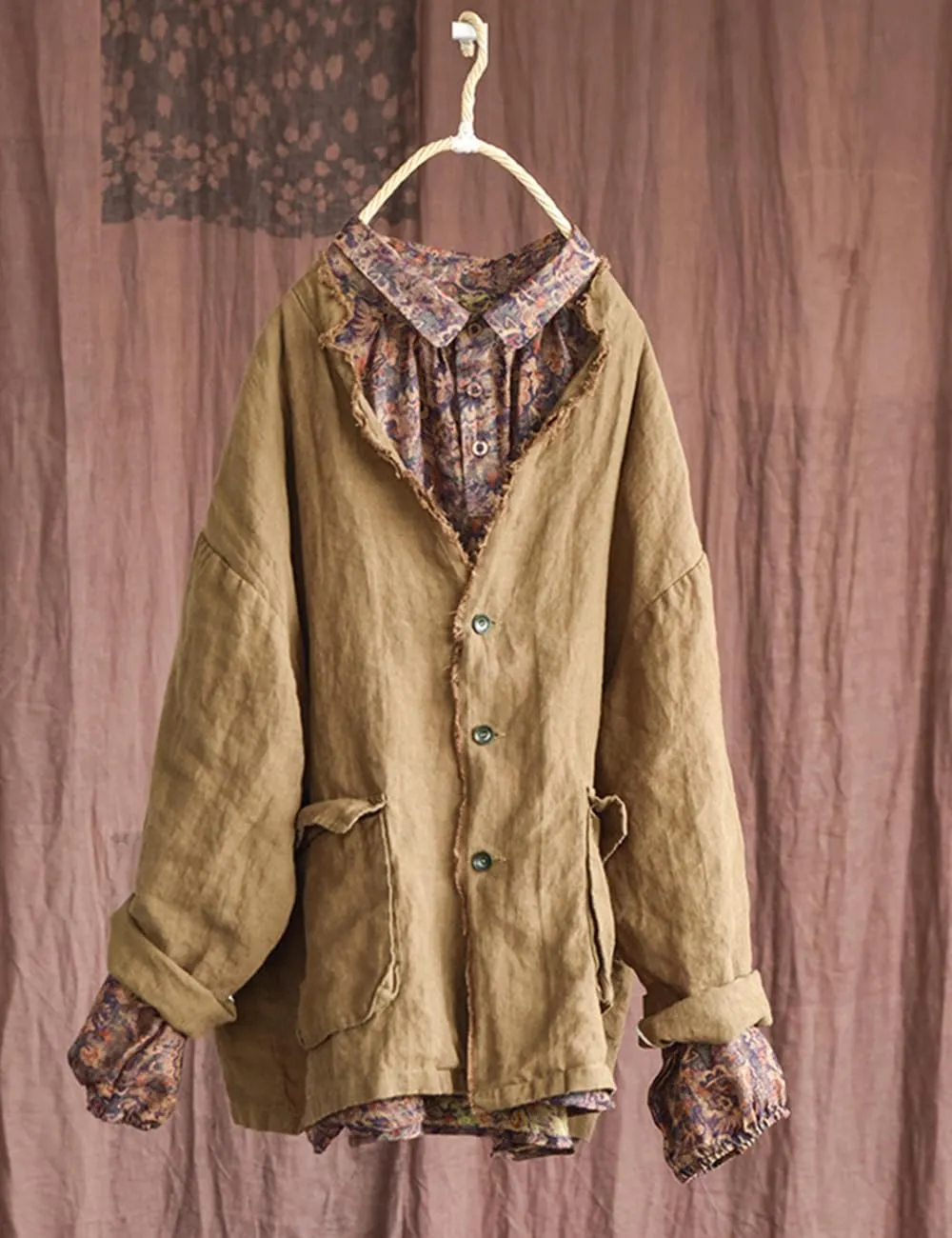 NFYM Womens Fall Linen Jacket Hippie Frayed Raw Hem Outerwear Clothes Lightweight Coats with Pockets