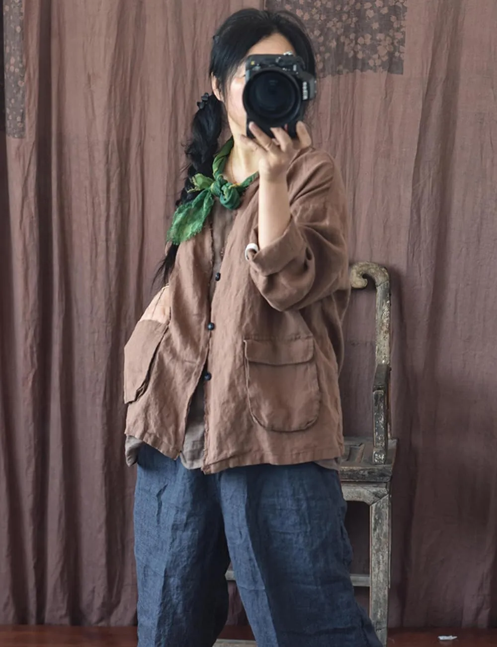 NFYM Womens Fall Linen Jacket Hippie Frayed Raw Hem Outerwear Clothes Lightweight Coats with Pockets